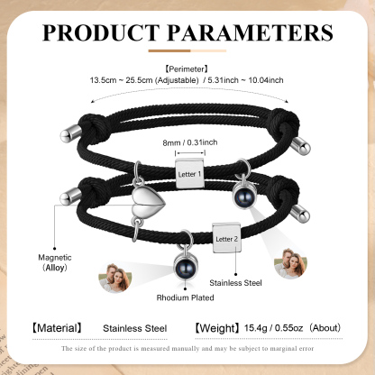 2PCS Bracelets Projection de Pierres 2 Lettres et 1 Photo Personnalisés Bracelets magnétiques pour Couple