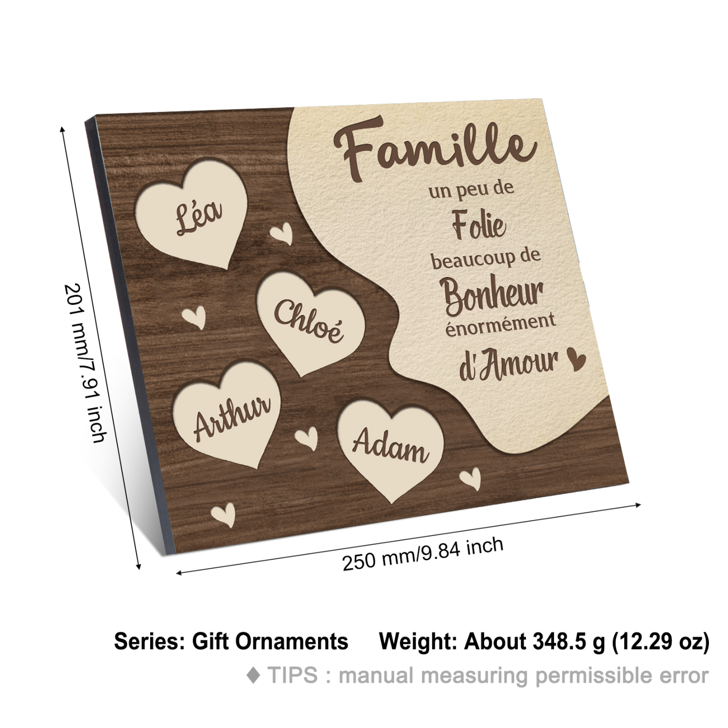 Cadre en Bois Cœur 4 Prénoms Personnalisés pour Famille