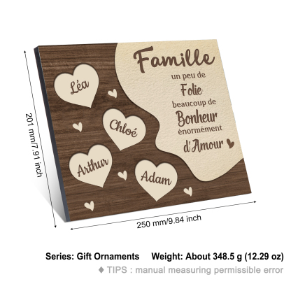 Cadre en Bois Cœur 4 Prénoms Personnalisés pour Famille