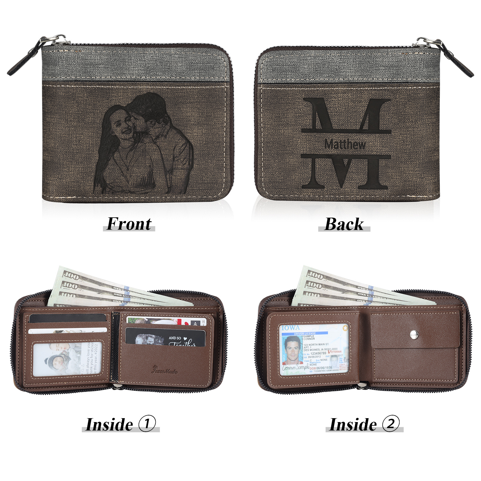 Portefeuille Classique 1 Prénom et Lettre Personnalisés avec Photo Porte-Monnaie Carte