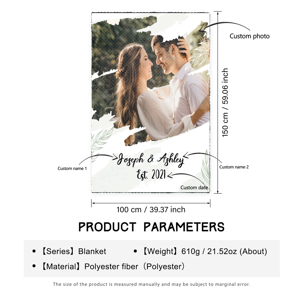 Couverture plaids polaire amour 2 Prénoms Personnalisé avec a photo et date | Jessemade