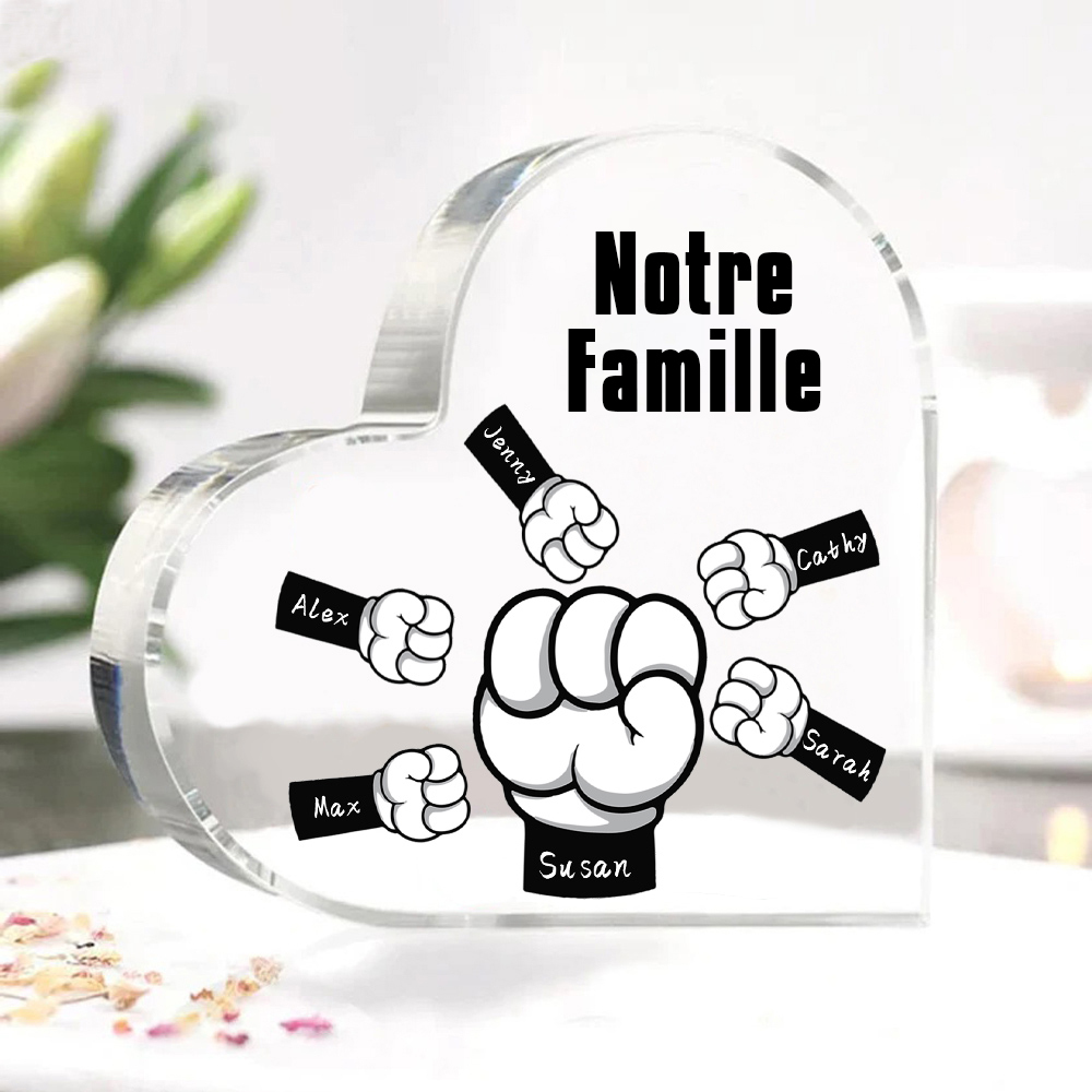 À mon Papa/Maman - Plaque Acrylique en Forme de Cœur Poings 6 Prénoms Personnalisés avec 1 Texte