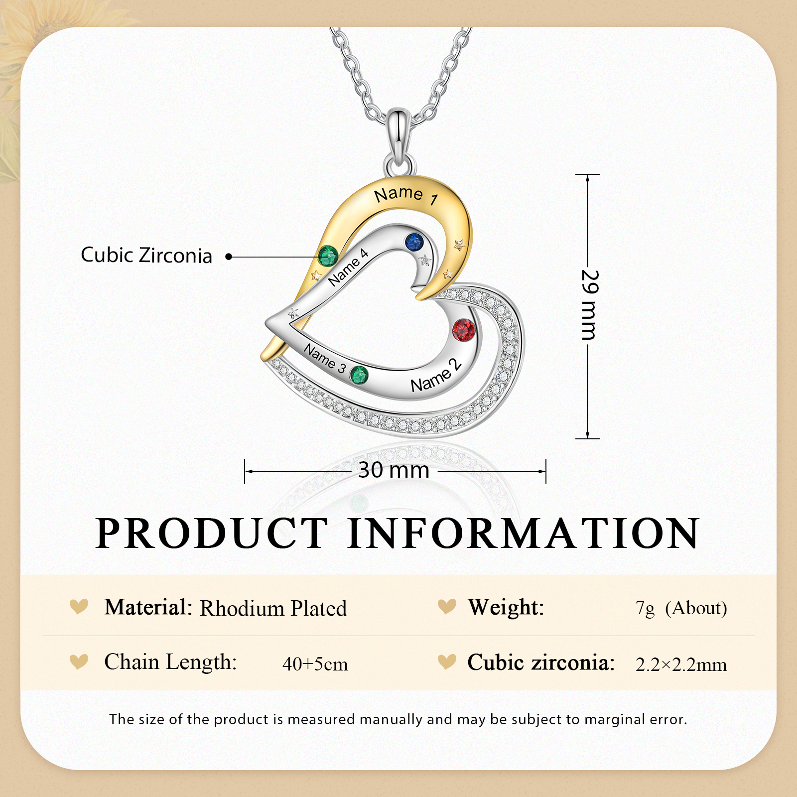 Collier Pendentif Cœur 4 Prénoms Personnalisés avec Pierre de Naissance Collier Femmes