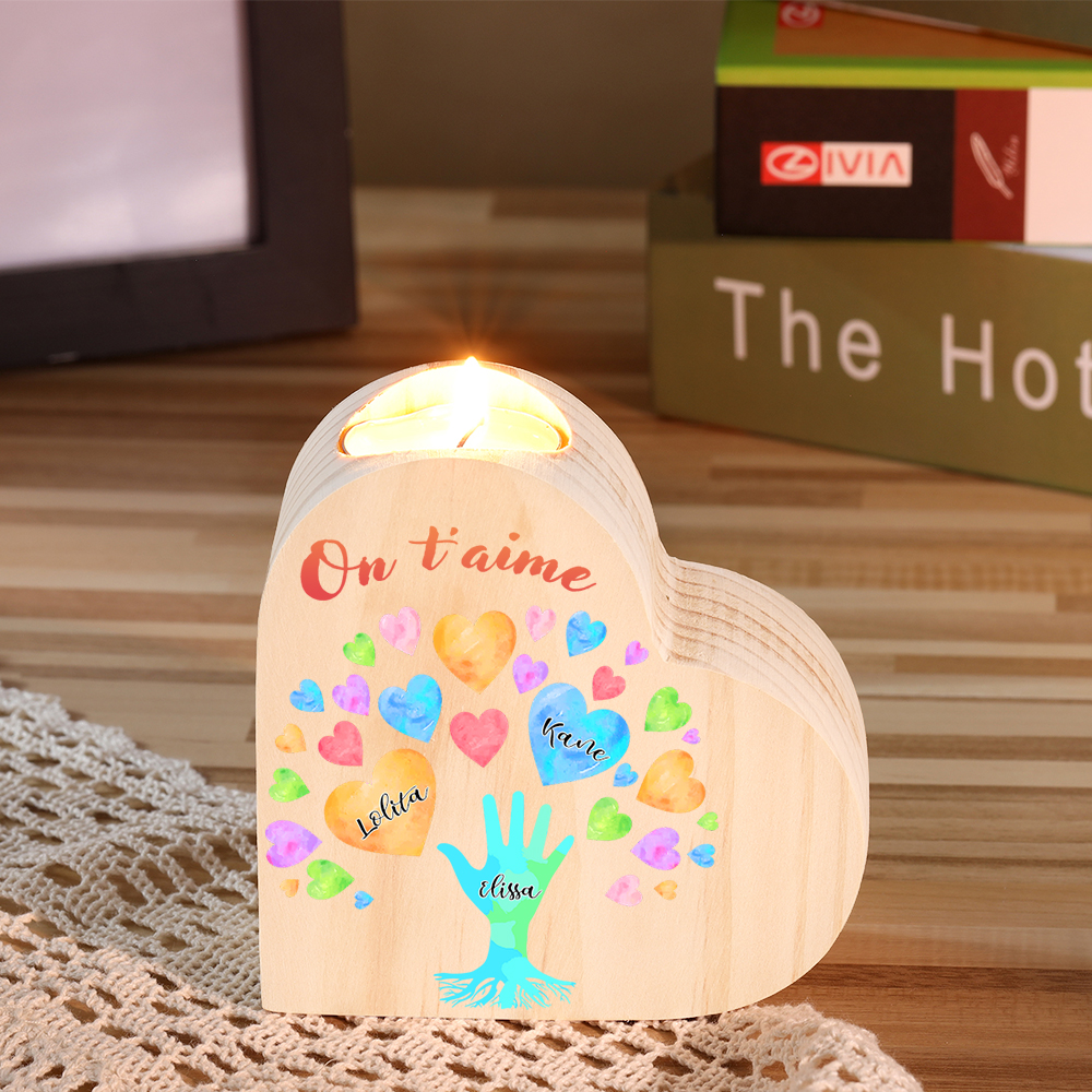 Bougeoir en Bois 3 Prénoms Personnalisés avec Texte sans bougie pour Famille