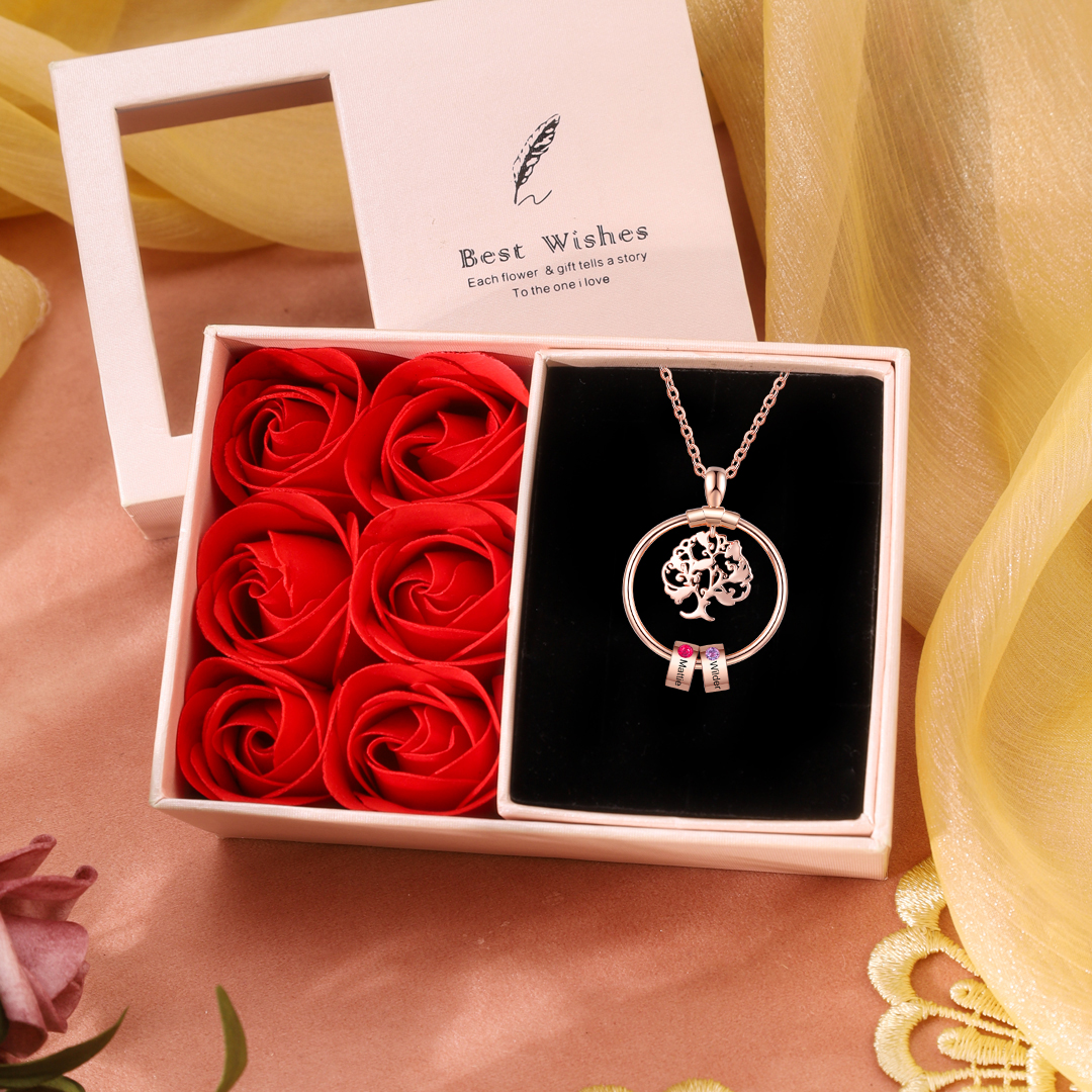 Collier Pendentif Arbre de vie Arbre généalogique 2 Prénoms Personnalisés avec Pierre de Naissance