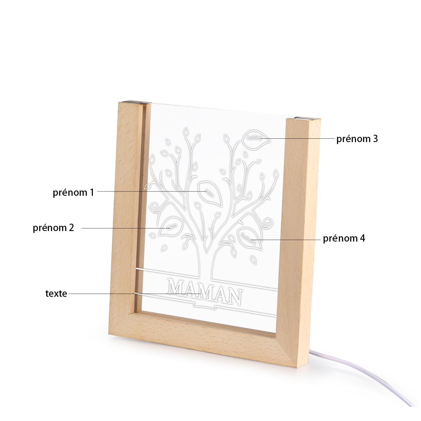 À Maman/Mamie - Lampe de chevet LED Arbre 4 Prénoms Personnalisés avec 1 Texte