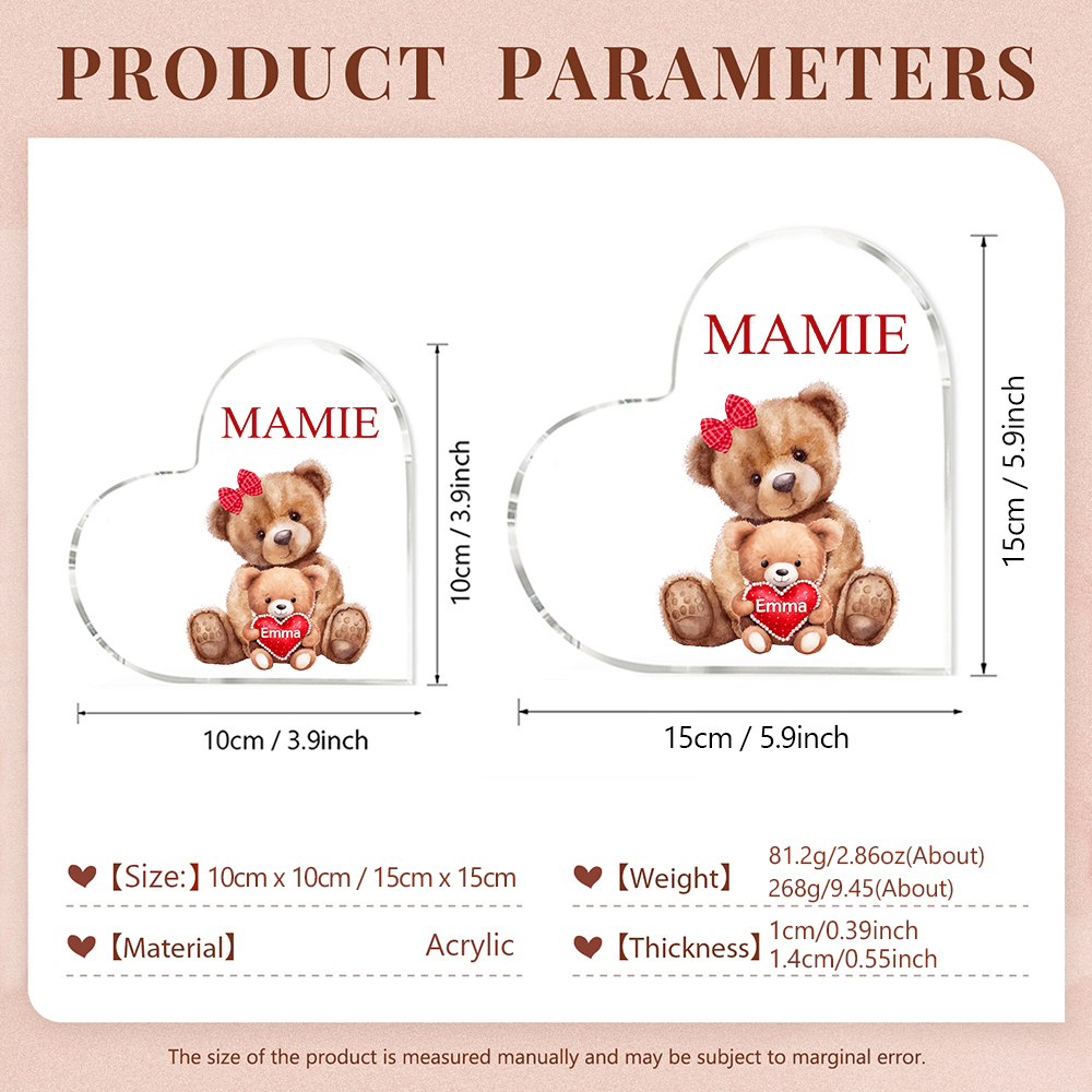 À Ma Nounou- Plaque Acrylique Ours en Forme de Cœur 1 Prénom Personnalisé avec 1 Texte