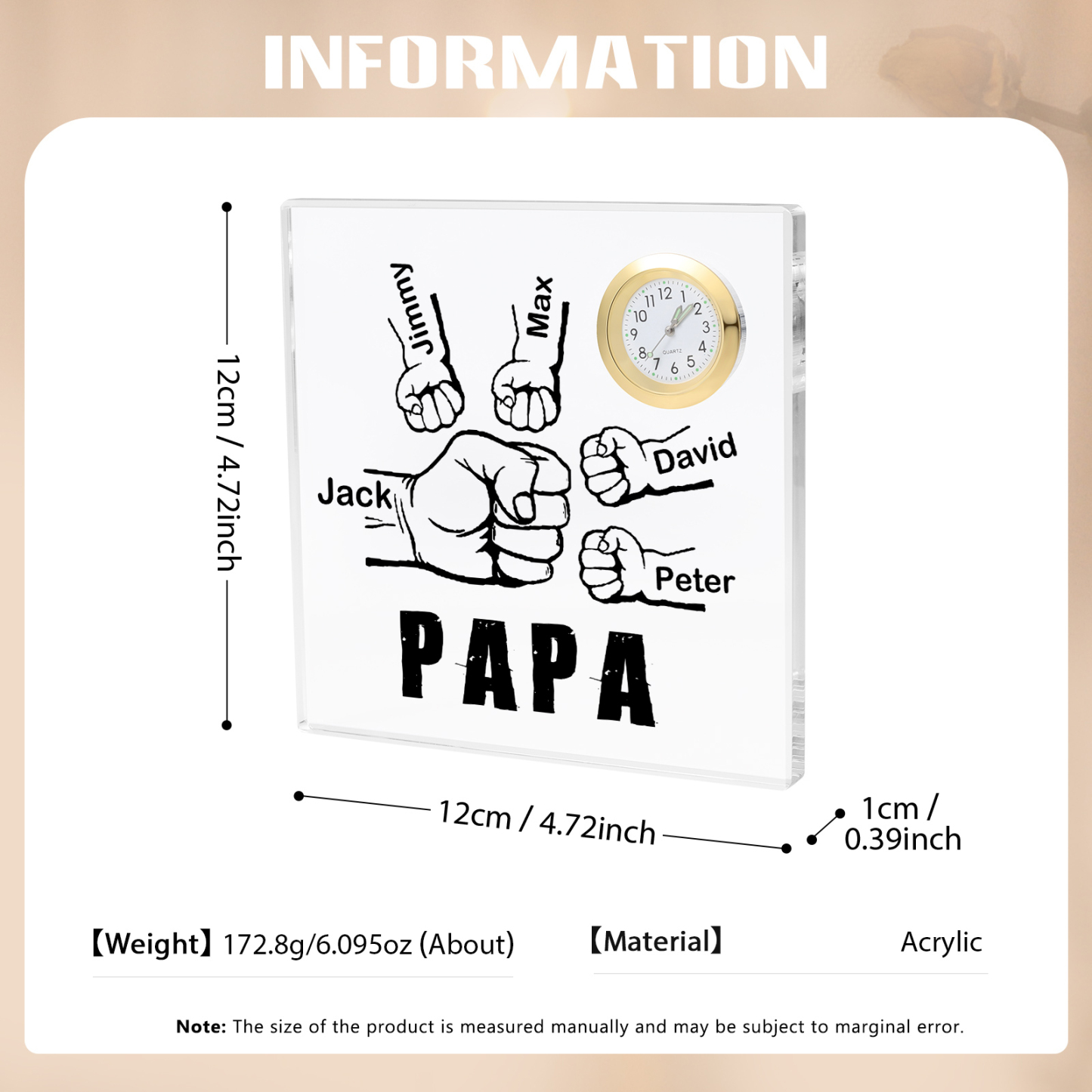 À mon Papa/Papi - Plaque Acrylique Carré avec Horloge Poings 5 Prénoms Personnalisés avec 1 Texte
