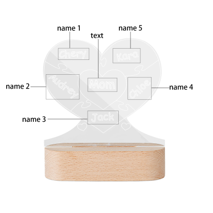 Lampe de chevet Cœur LED Lumières 5 Prénoms et 1 Texte Personnalisés pour Famille