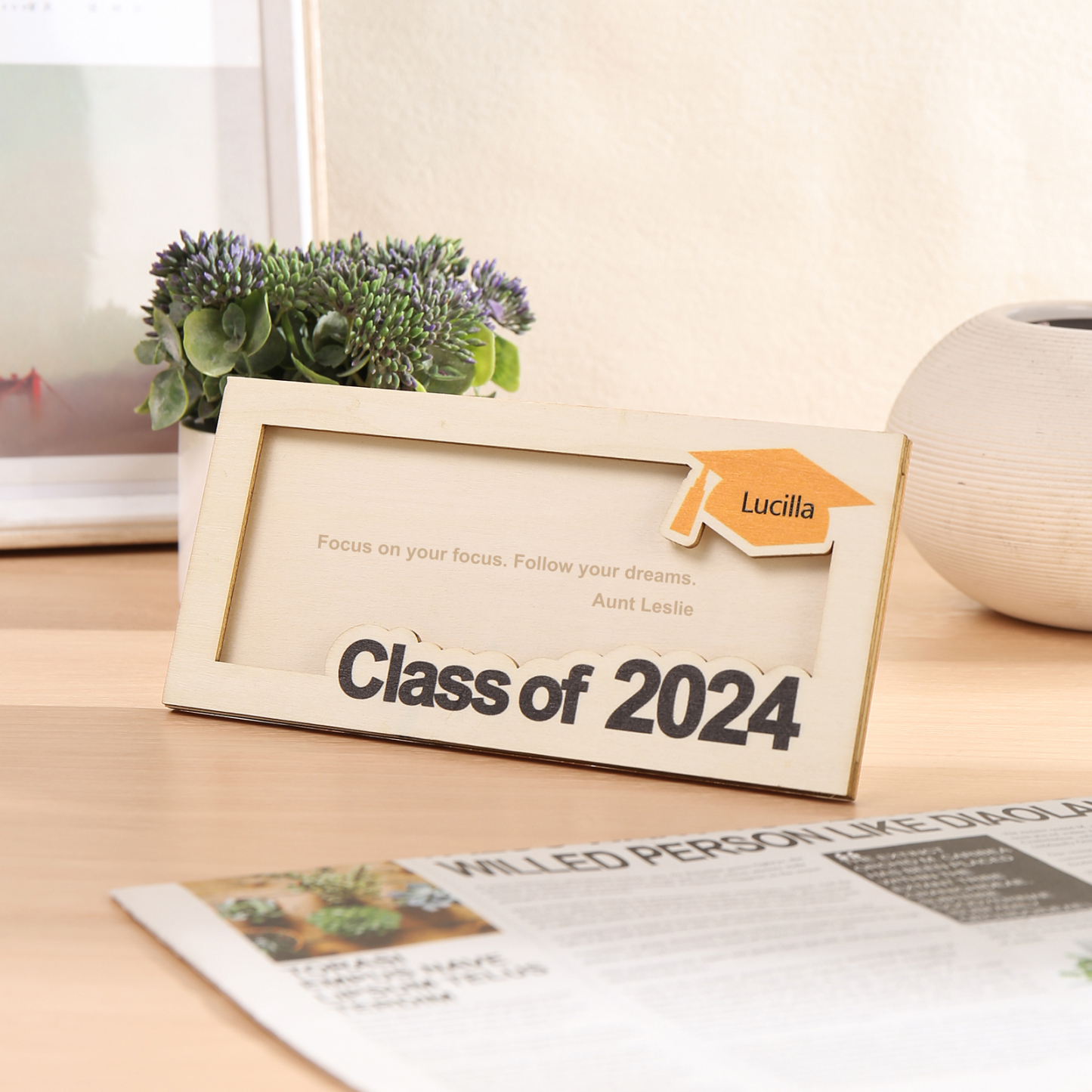 Porte-Cartes Diplômé en bois Prénom et Texte Personnalisés Cadeau de Graduation