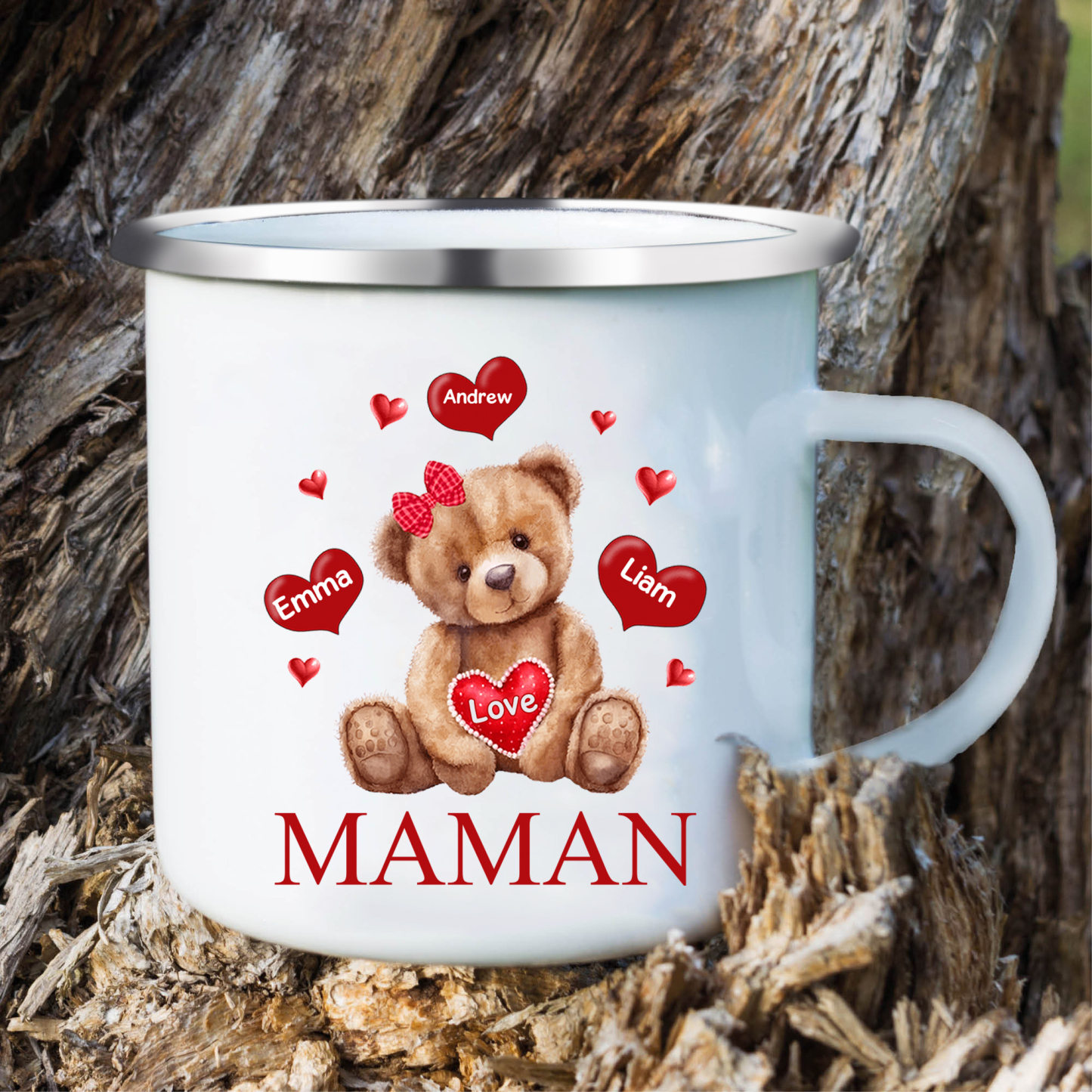 À Maman/Mamie - Tasse émaillée Ours 3 Prénoms Personnalisés