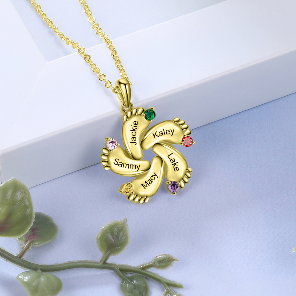 Collier 5 Prénom Personnalisé pied bebe avec pierre de naissance