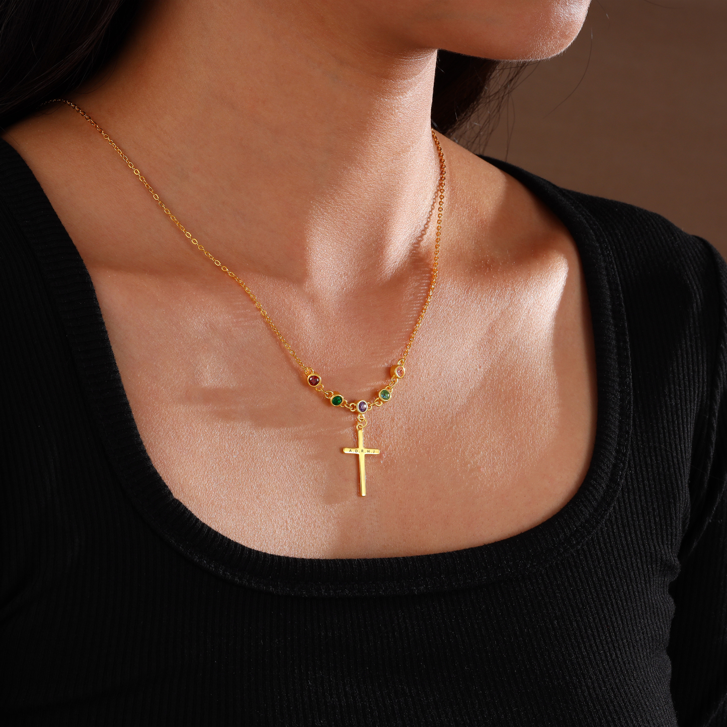 Collier Croix 2 Pierres de Naissance Personnalisés avec Texte Collier pour Femmes
