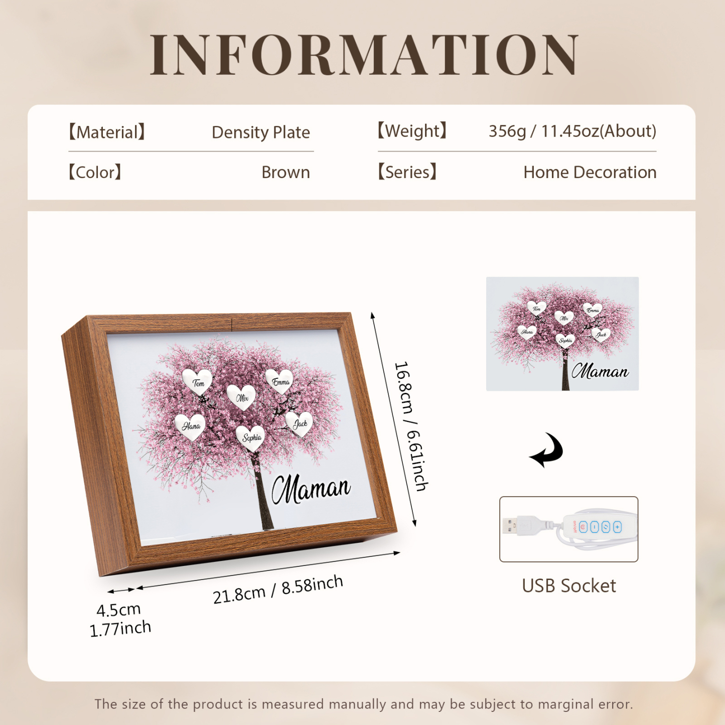 Cadre Photo LED Arbre de Vie 6 Prénoms et 1 Texte Personnalisé Décoration Famille