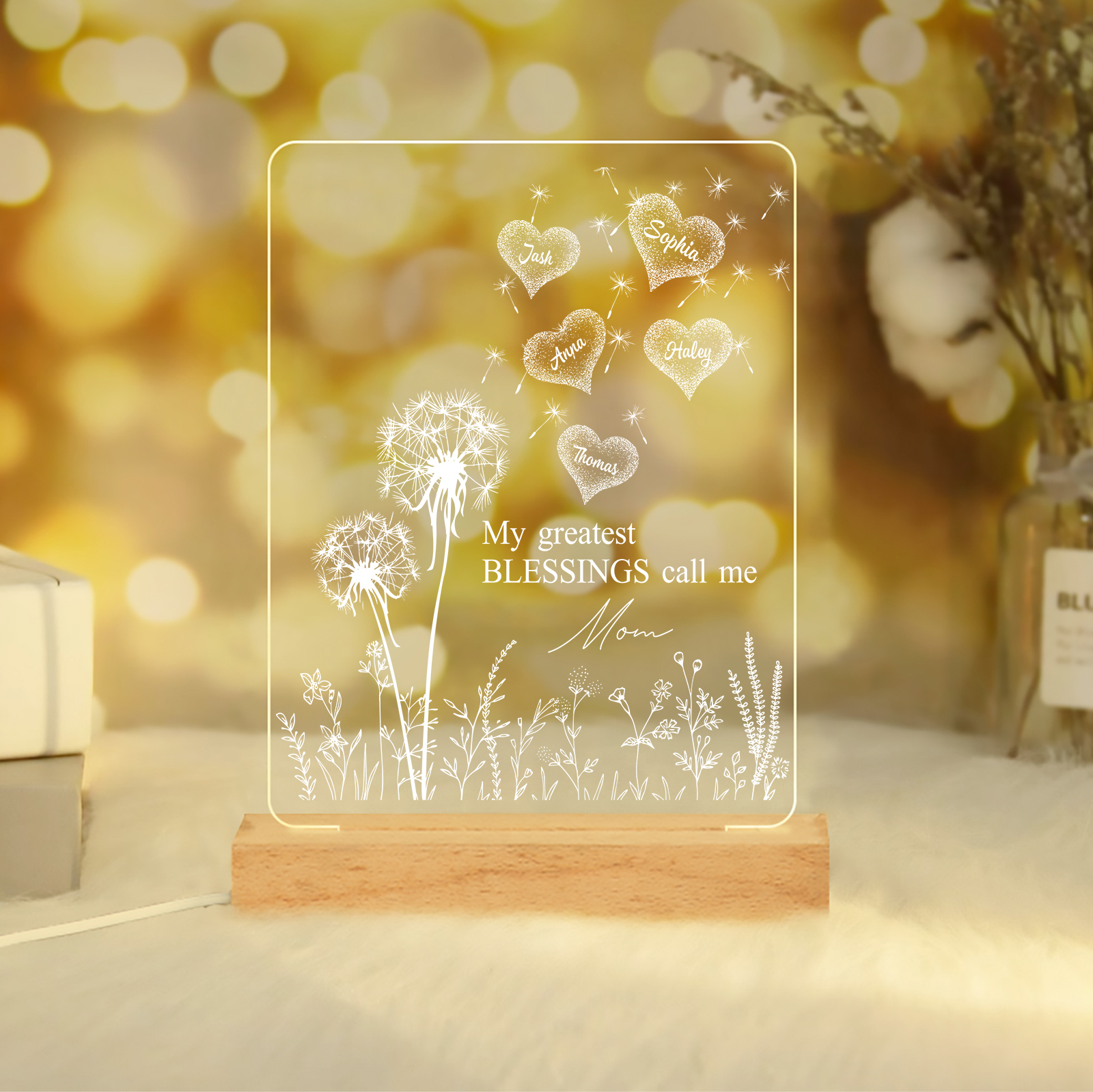 À Maman/Mamie - Lampe de chevet LED Pissenlit 5 Prénoms Personnalisés avec 2 Textes pour Famille