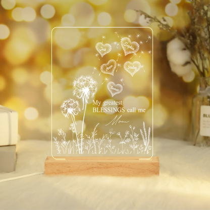À Maman/Mamie - Lampe de chevet LED Pissenlit 5 Prénoms Personnalisés avec 2 Textes pour Famille