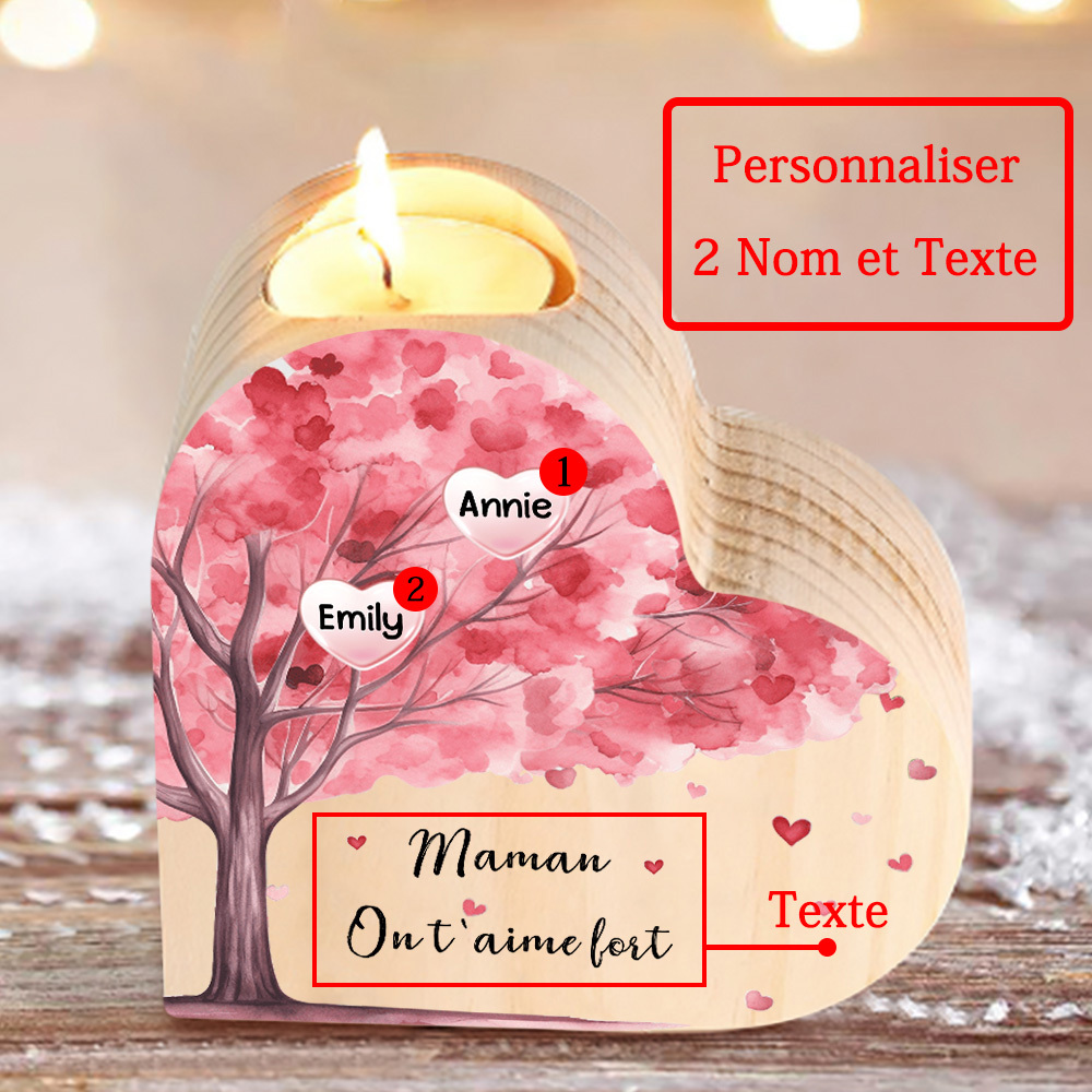À Ma Maman/Mamie - Bougeoir en Bois Arbre 2 Prénoms et 1 Texte Personnalisés pour Famille sans bougie
