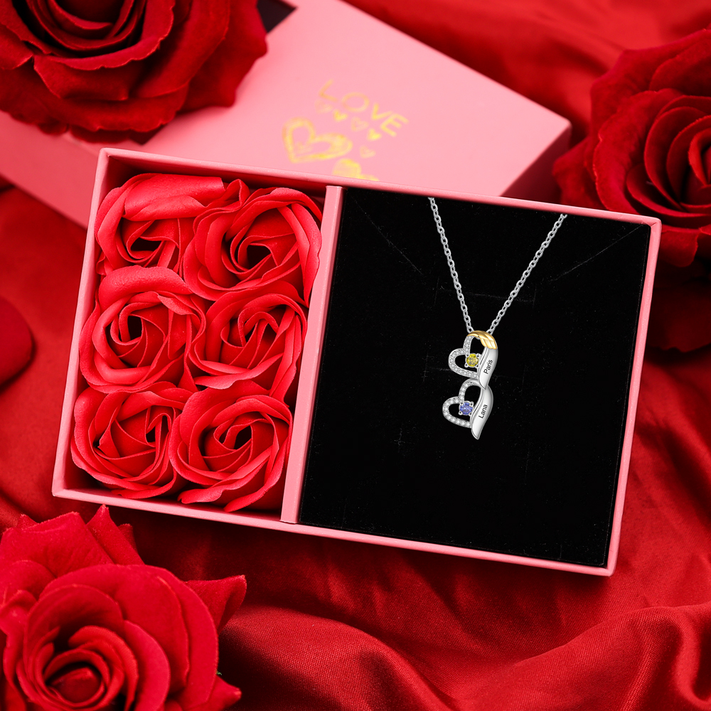 Collier cœur et aile 2 Prénoms Personnalisés avec pierre de naissance