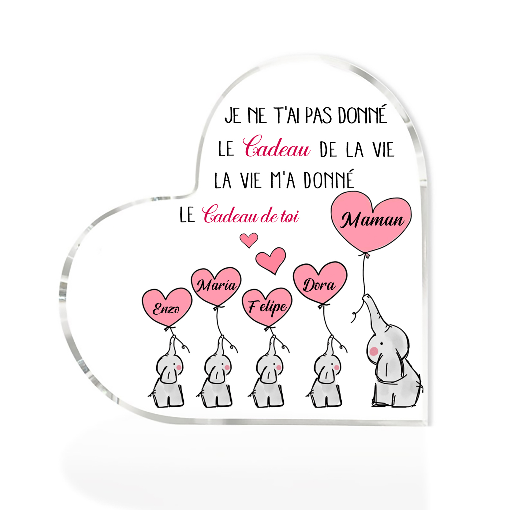 À ma Maman - Plaque Acrylique en Forme de Cœur éléphant 5 Prénoms Personnalisés