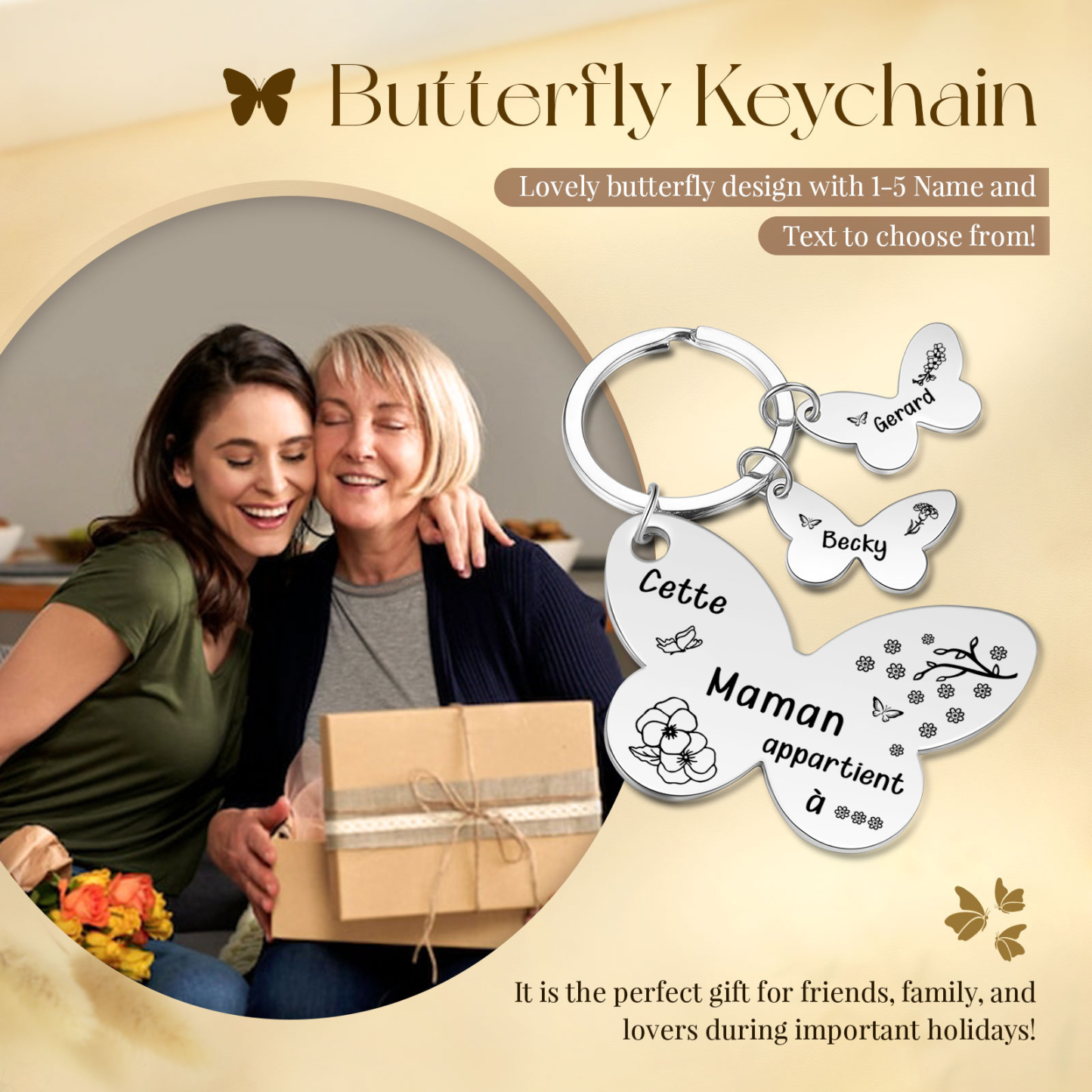 À Maman/Mamie - Porte-Clés Papillon 2 Prénoms et Fleurs de Naissance Personnalisés avec Texte 