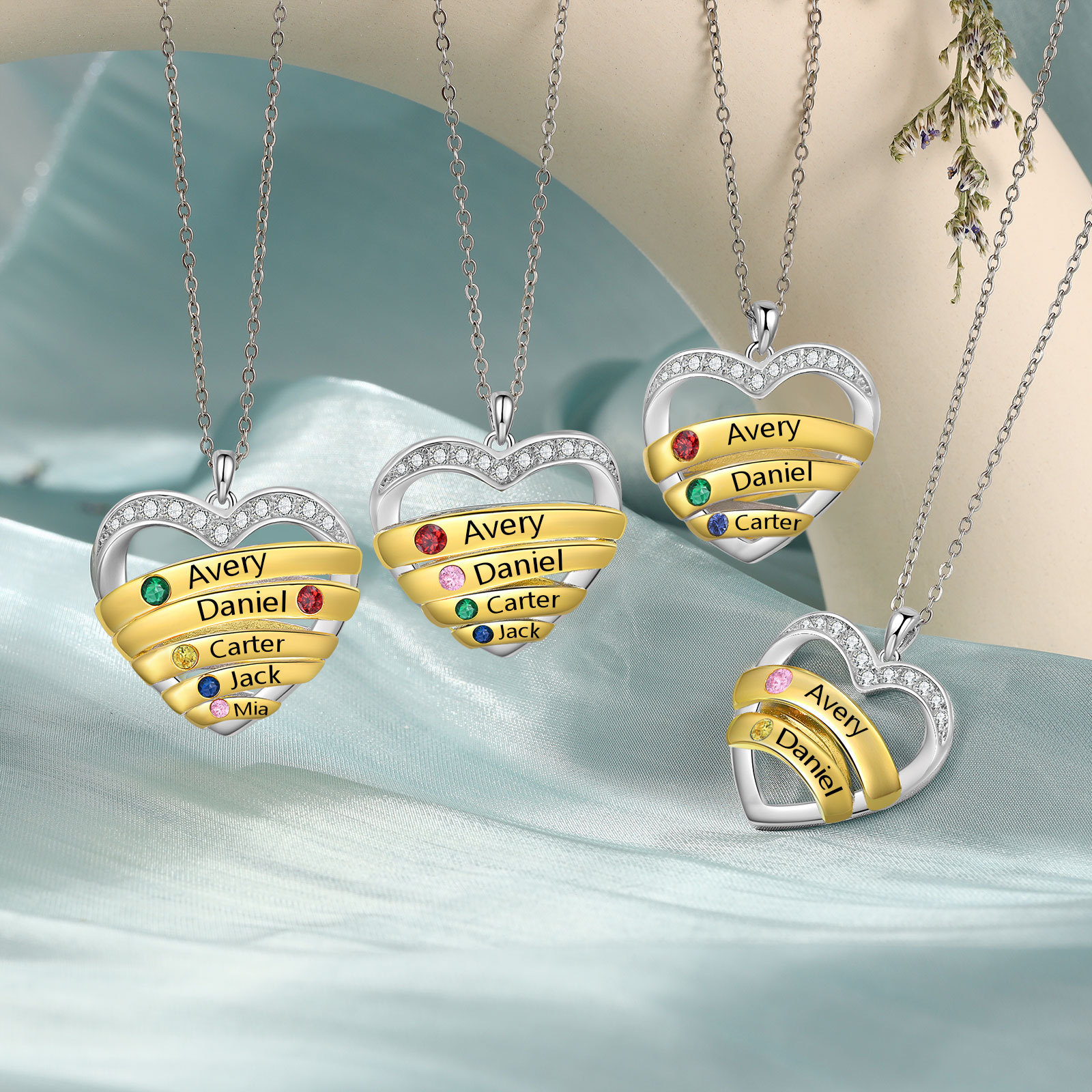 Collier Pendentif Cœur 3 Prénoms Personnalisés avec Pierre de Naissance Collier Femmes