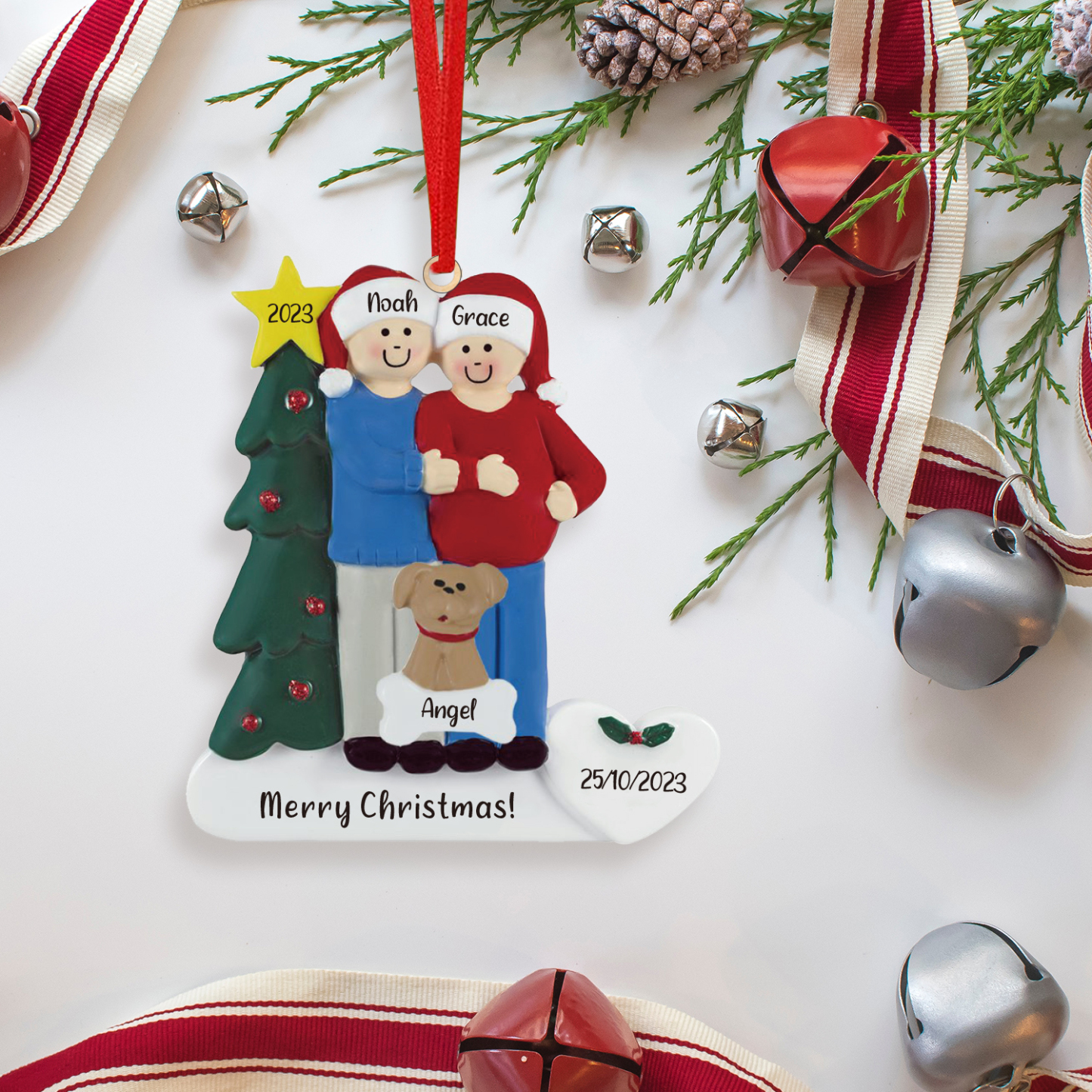 Ornements de Noël avec 2 Poupées et 1 Chien 3 Prénoms et 2 Dates Personnalisés avec Texte