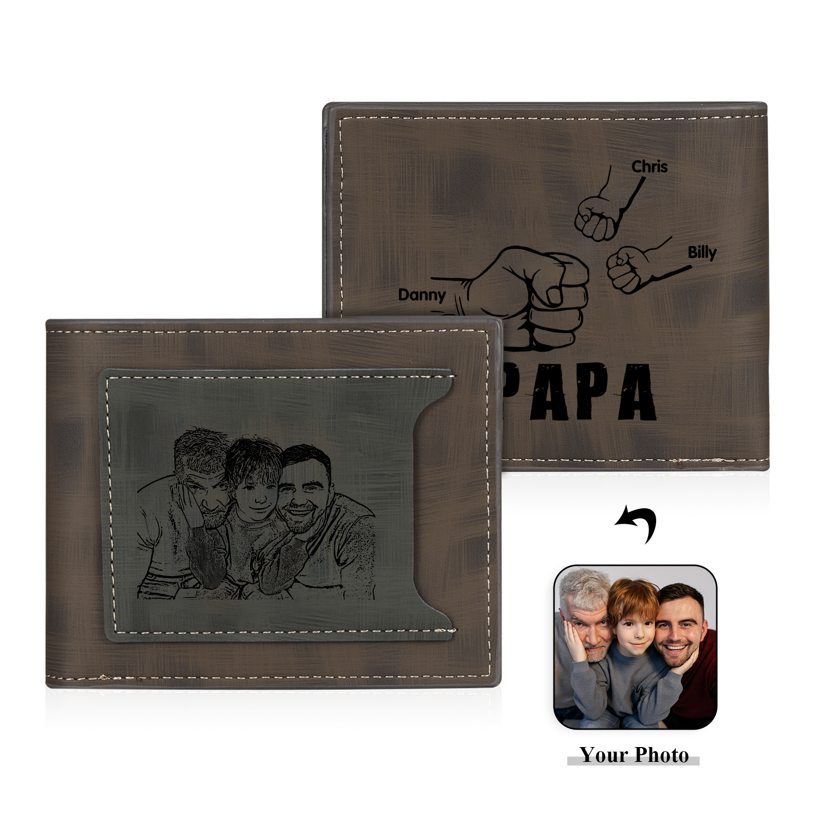 À mon Papa - Portefeuille Poings 3 Prénoms Personnalisés avec Photo Classique Homme Porte-Monnaie Carte