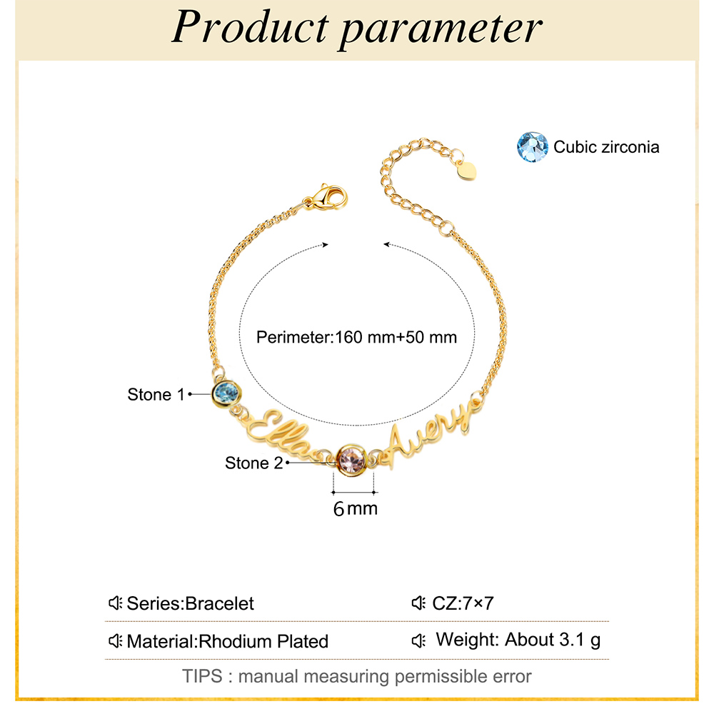 Bracelet Breloque 2 Prénoms Personnalisé Bracelet Pierre De Naissance pour Femmes｜Jessemade