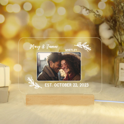 Lampe de chevet LED Lumières 2 Prénoms et 1 Photo Personnalisés avec Texte et Date pour Couple