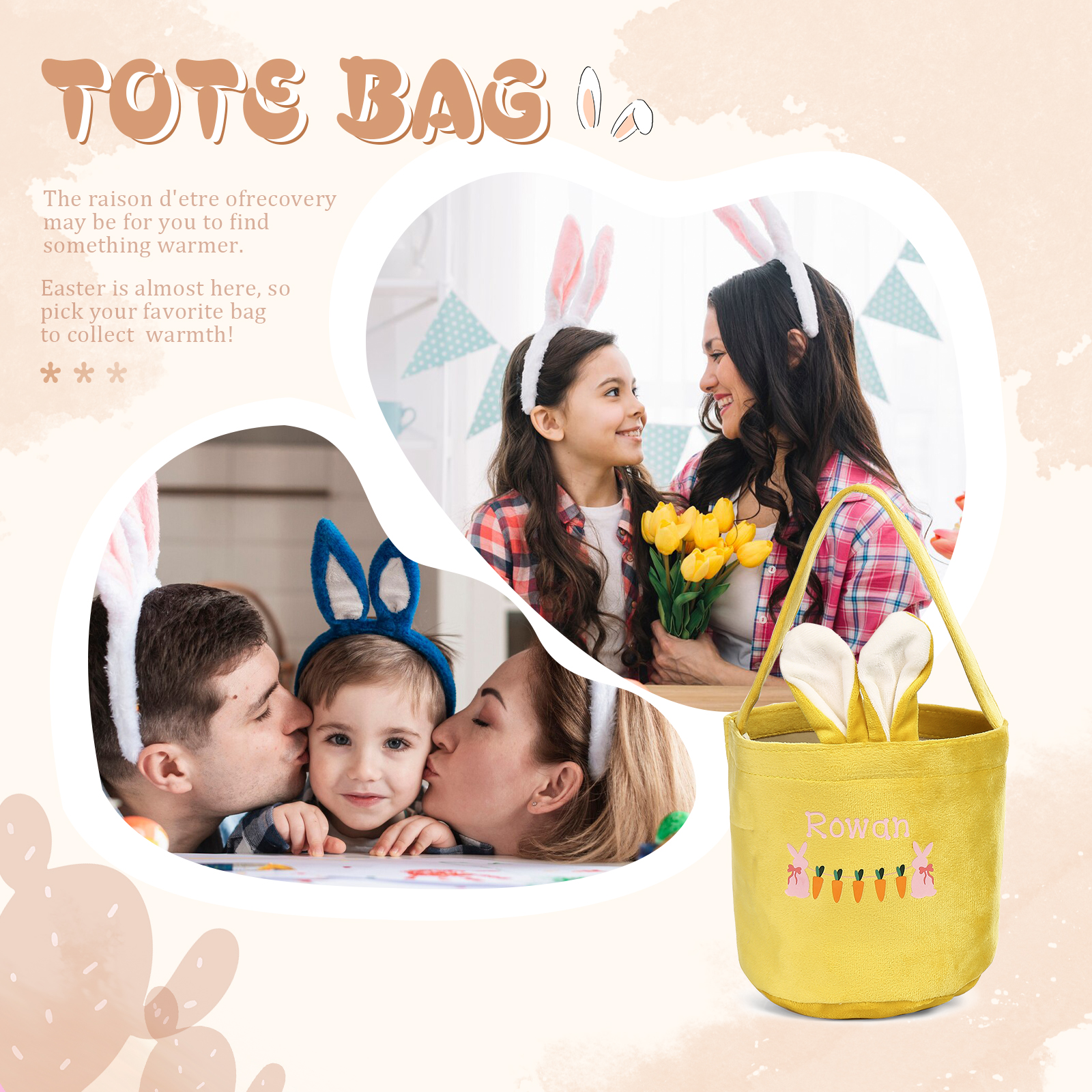 Sac de Pâques Lapin 1 Prénom Personnalisé Tote Bag Enfant