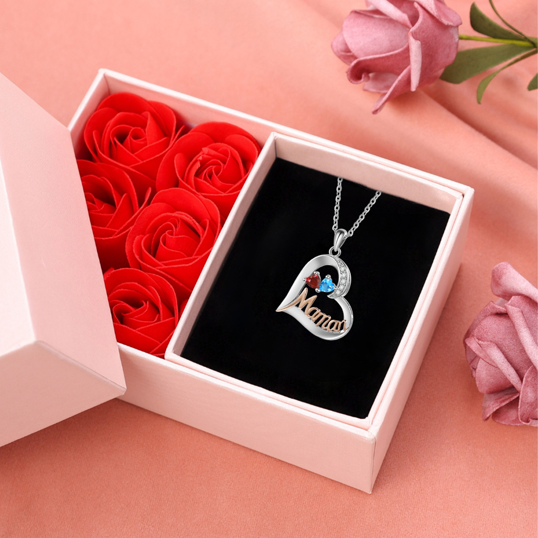 Collier Cœur « Maman » Personnalisable – Pierres de Naissance & Gravure de Prénoms