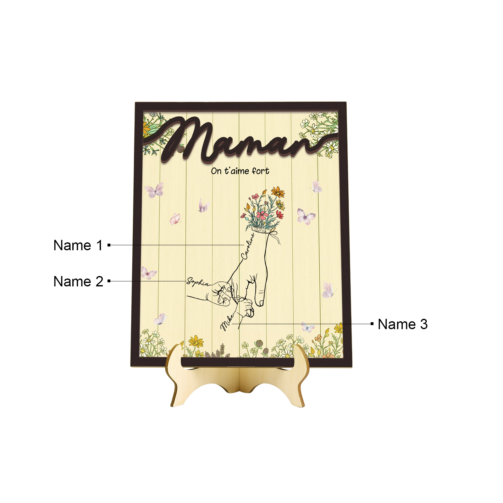 À Maman - Décoration en bois la Main dans la Main 3 Prénoms Personnalisés Ornement Famille