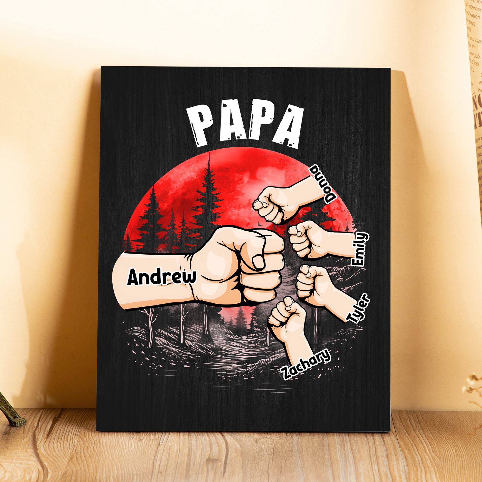 À Mon Papa/Papi-Cadre en Bois Poings 5 Prénoms Personnalisés avec Texte