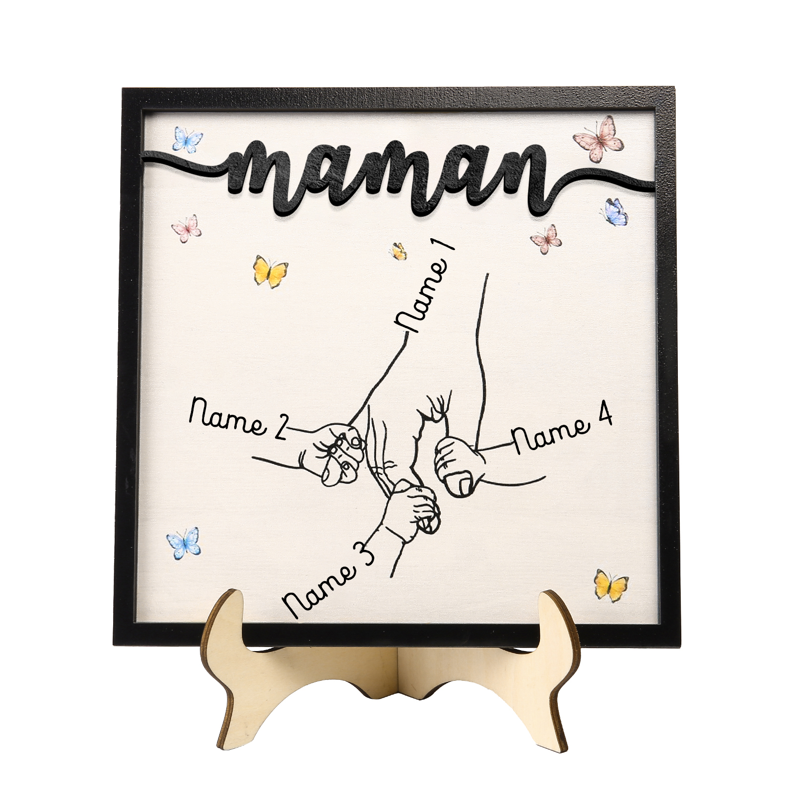 À ma Maman - Décoration en bois la Main dans la Main 4 Prénoms Personnalisés Ornement Famille