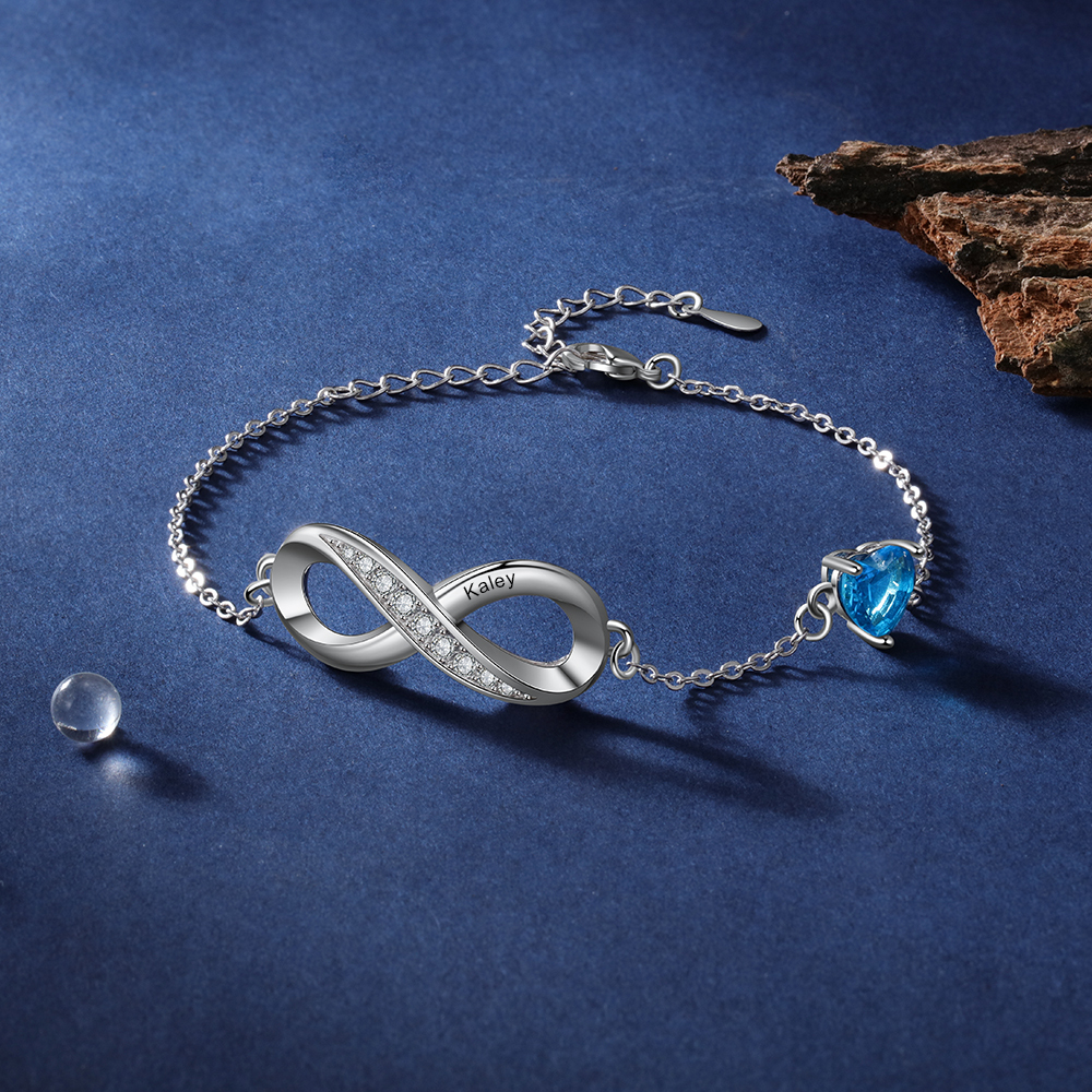 Bracelet infini à Breloque coeurs 1 Prénom Personnalisé avec 1 Pierre de Naissance
