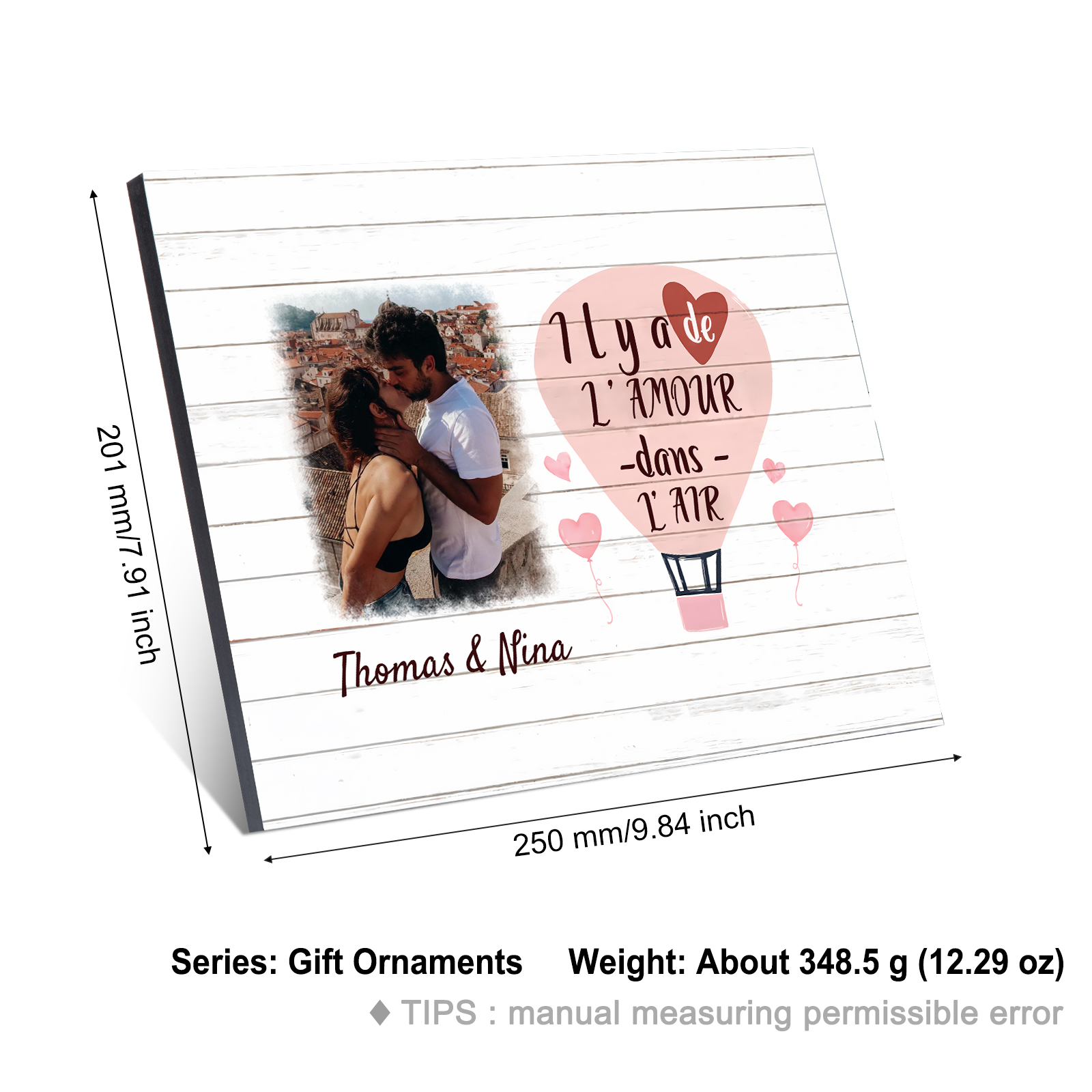 Cadre en Bois 2 Prénoms Personnalisés avec Photo pour Couple Cadeau Saint Valentin