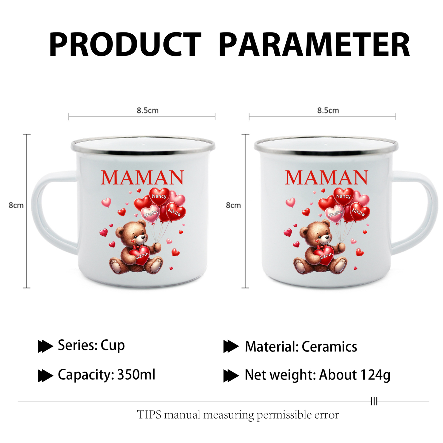 À Maman/Mamie - Tasse émaillée Ours 4 Prénoms Personnalisés