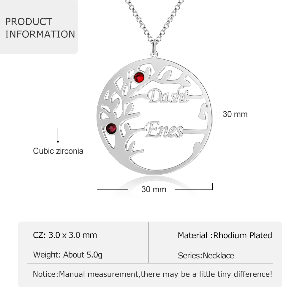Collier Argent Arbre de vie Arbre généalogique 2 prenoms Avec Pierre De Naissance