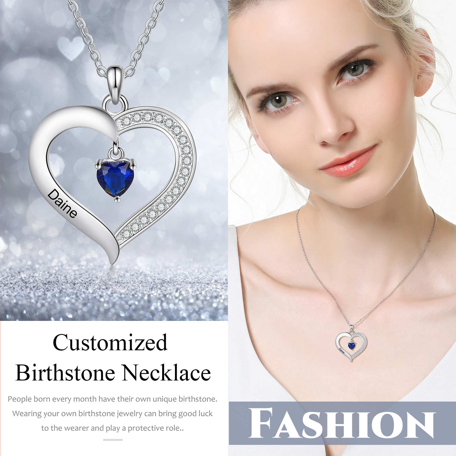 Collier 1 Prénom Personnalisé Pendentif Cœur avec 1 Pierre de Naissance