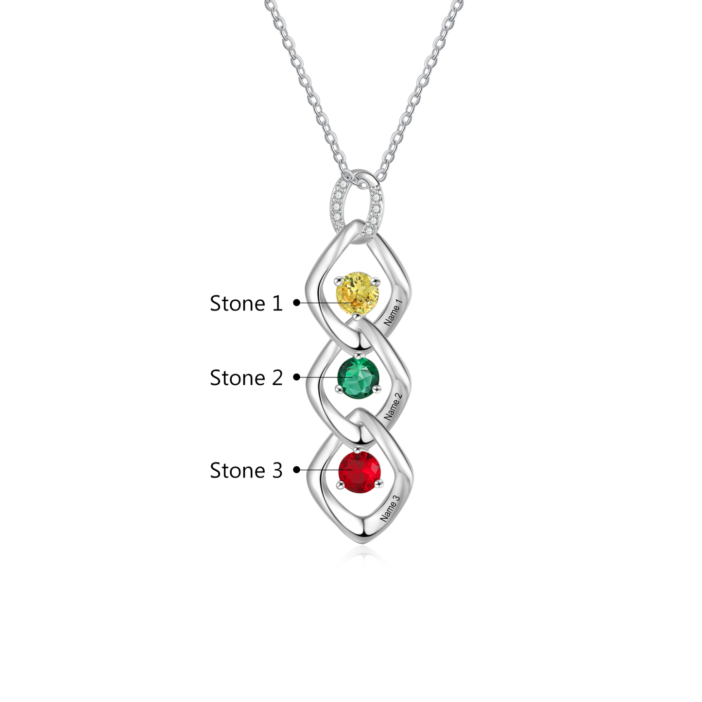 Collier Pendentif 3 Prénoms Personnalisés avec Pierre de naissance pour Femmes