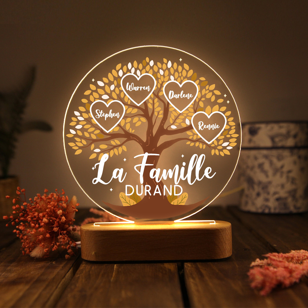 Lampe de chevet Arbre de Vie LED Lumières 4 Prénoms et 1 Texte Personnalisés pour Famille