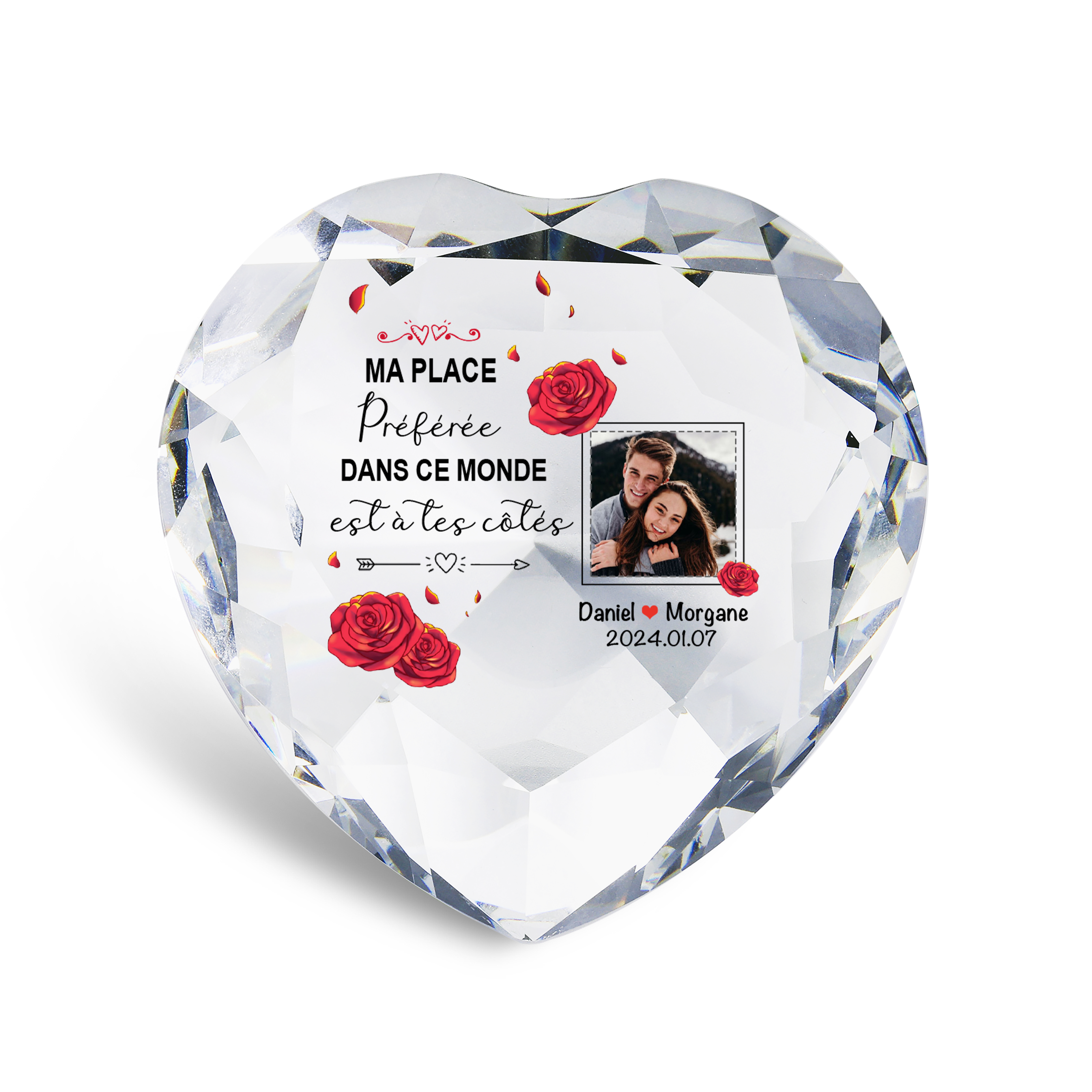 Décoration Cristal Cœur 2 Prénoms et 1 Photo Personnalisés avec Date pour Couple