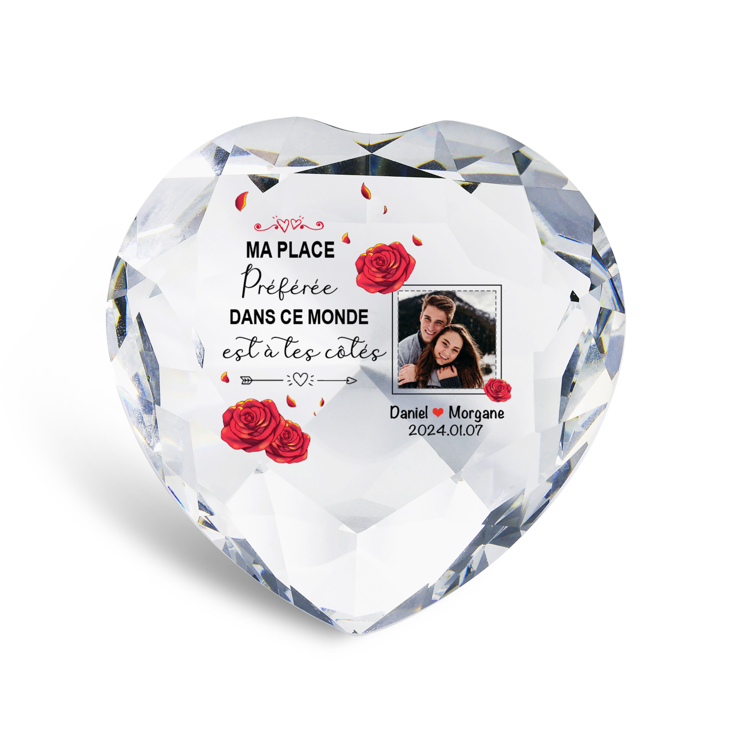 Décoration Cristal Cœur 2 Prénoms et 1 Photo Personnalisés avec Date pour Couple