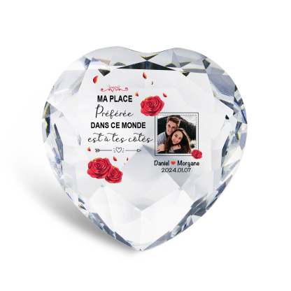 Décoration Cristal Cœur 2 Prénoms et 1 Photo Personnalisés avec Date pour Couple