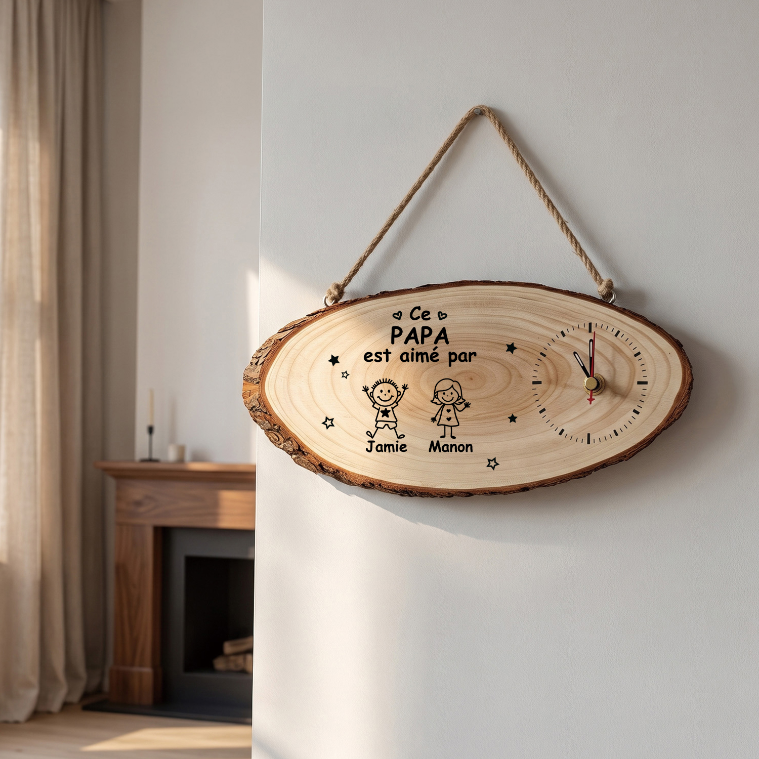 Horloge Personnalisée en Bois avec 1-10 Prénoms et Figurines d’enfants, Cadeau pour Papa ou Papi