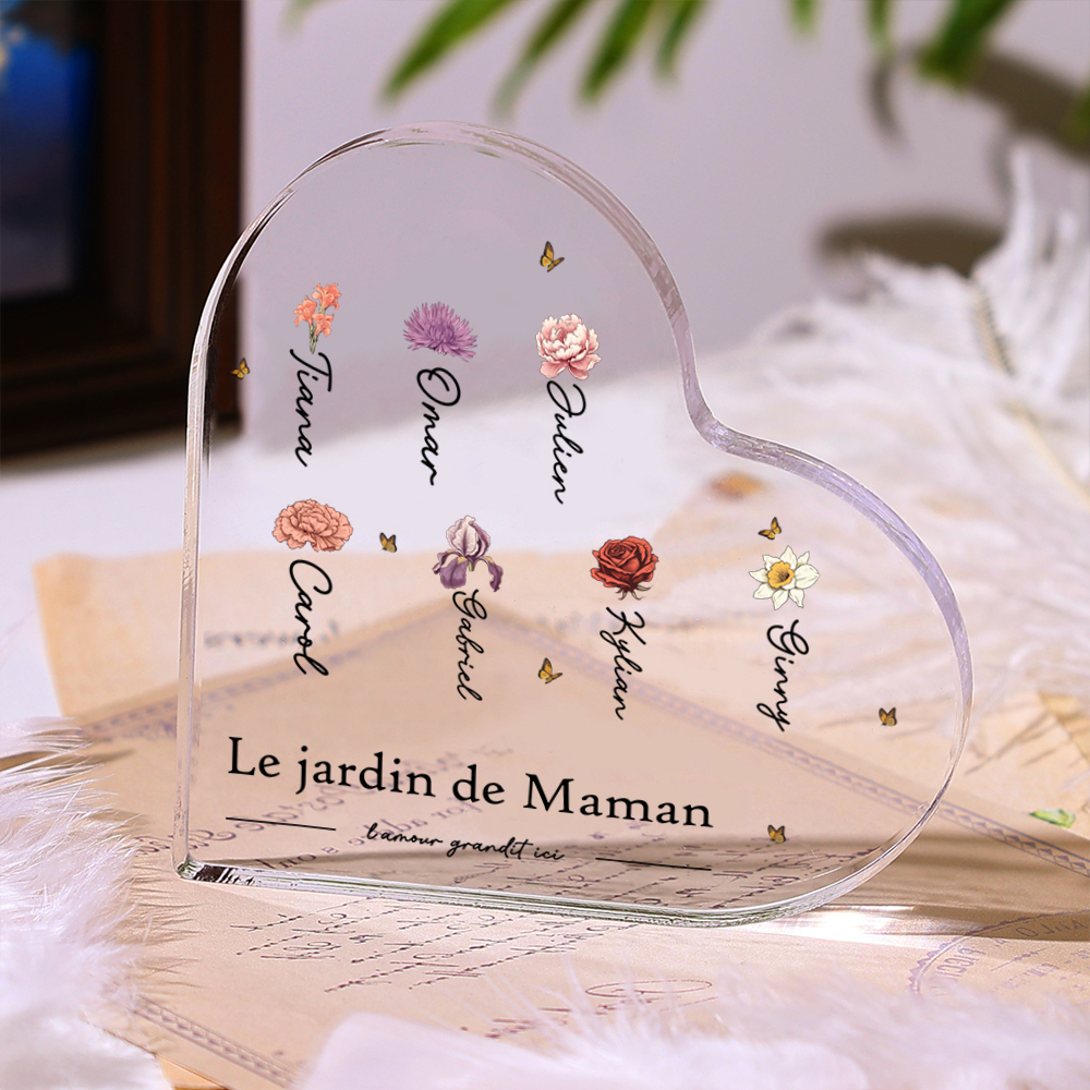 À ma Maman/Mamie - Plaque Acrylique en forme de Cœur 1-10 Prénoms et 1 Texte Personnalisés avec Fleur de naissance