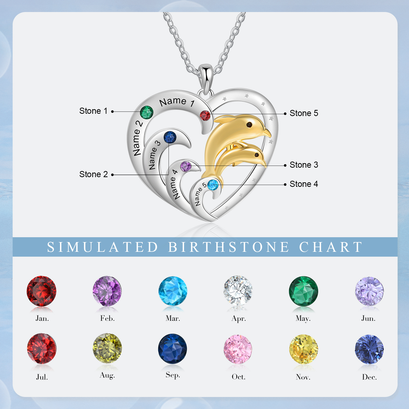 Collier Pendentif Cœur et Dauphin 5 Prénoms Personnalisés avec 4 Pierres de Naissance