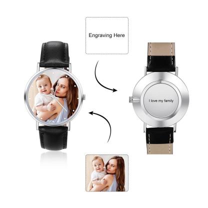 Montre Personnalisée Photo avec Gravure du prénom ou Message Bracelet en Cuir