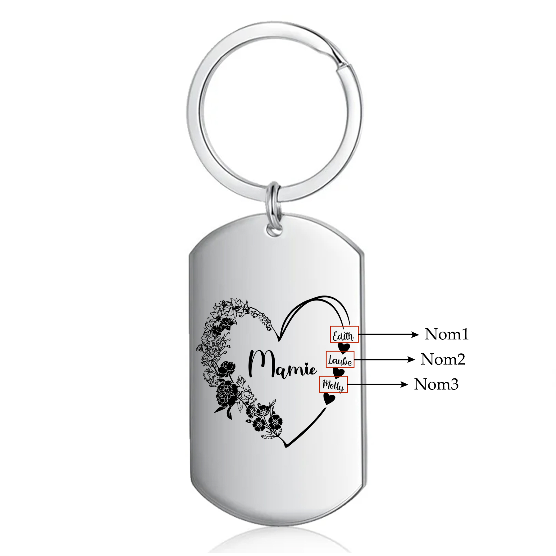 À Ma Mamie - Porte-Clés Fleur et Cœur 1-6 Noms Personnalisés