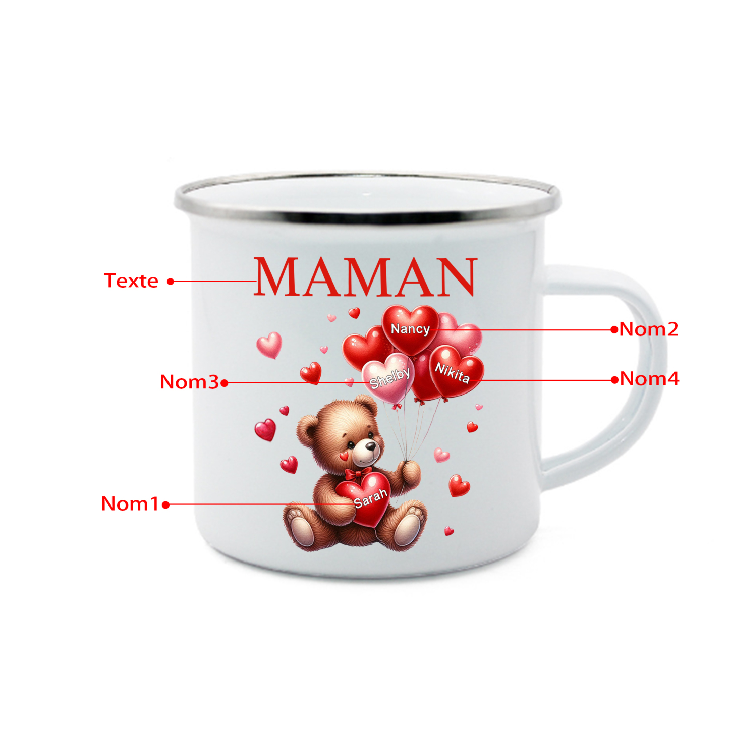 À Maman/Mamie - Tasse émaillée Ours 4 Prénoms Personnalisés